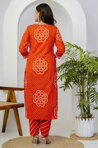 Orange printed mirror work cotton stitched straight kurta set with pyjama & dupatta