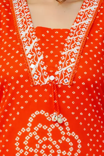 Orange printed mirror work cotton stitched straight kurta set with pyjama & dupatta