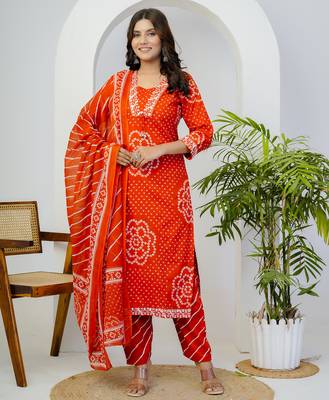 Orange printed mirror work cotton straight kurta set 4