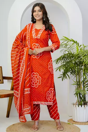Orange printed mirror work cotton stitched straight kurta set with pyjama & dupatta