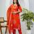 Orange printed mirror work cotton stitched straight kurta set with pyjama & dupatta