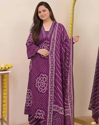 Purple printed mirror work cotton straight kurta set 1
