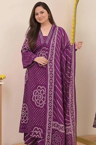 Purple printed mirror work cotton straight kurta set
