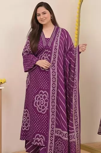 Purple printed mirror work cotton stitched straight kurta set with pyjama & dupatta