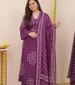 Purple printed mirror work cotton stitched straight kurta set with pyjama & dupatta