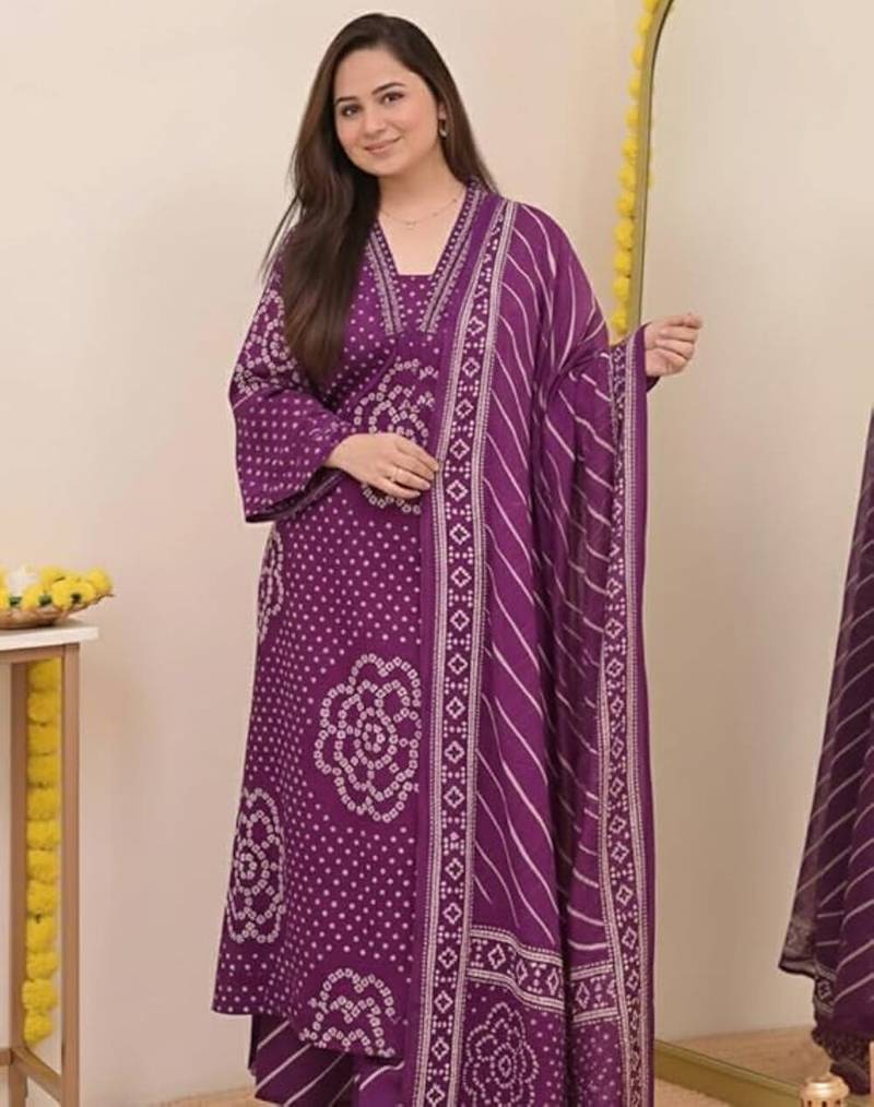 Purple printed mirror work cotton stitched straight kurta set with pyjama & dupatta