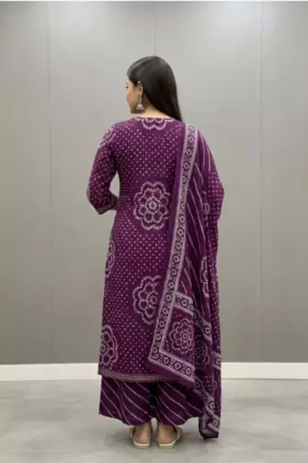 Purple printed mirror work cotton stitched straight kurta set with pyjama & dupatta