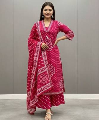 Pink printed mirror work cotton straight kurta set 1