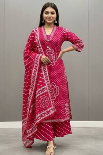 Pink printed mirror work cotton straight kurta set