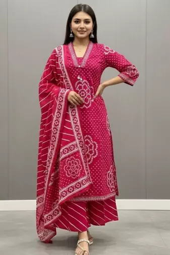 Pink printed mirror work cotton stitched straight kurta set with pyjama & dupatta