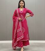 Pink printed mirror work cotton stitched straight kurta set with pyjama & dupatta