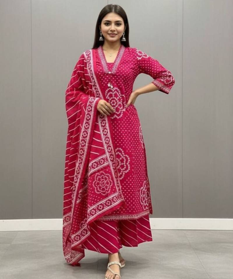 Pink printed mirror work cotton stitched straight kurta set with pyjama & dupatta