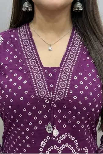 Purple printed mirror work cotton stitched straight kurta set with pyjama & dupatta
