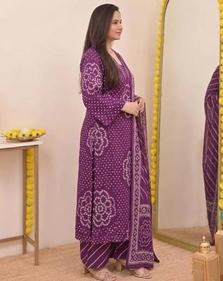 Purple printed mirror work cotton straight kurta set 4