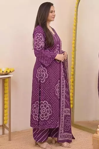 Purple printed mirror work cotton stitched straight kurta set with pyjama & dupatta