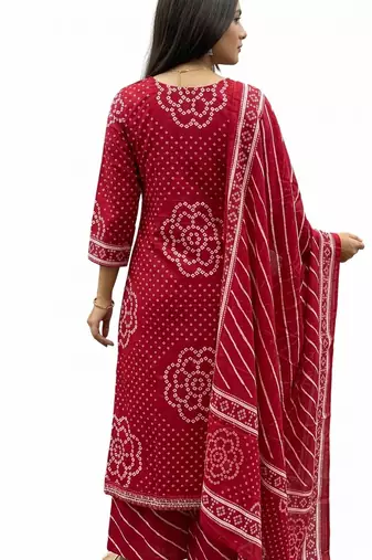 Pink printed mirror work cotton stitched straight kurta set with pyjama & dupatta