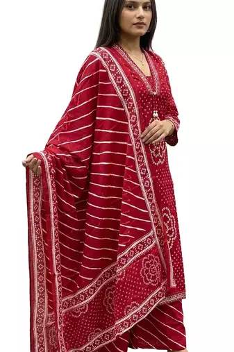 Pink printed mirror work cotton stitched straight kurta set with pyjama & dupatta