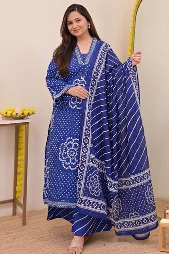 Navy blue printed mirror work cotton straight kurta set