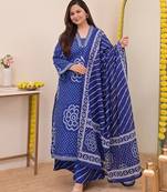 Navy blue printed mirror work cotton stitched straight kurta set with pyjama & dupatta