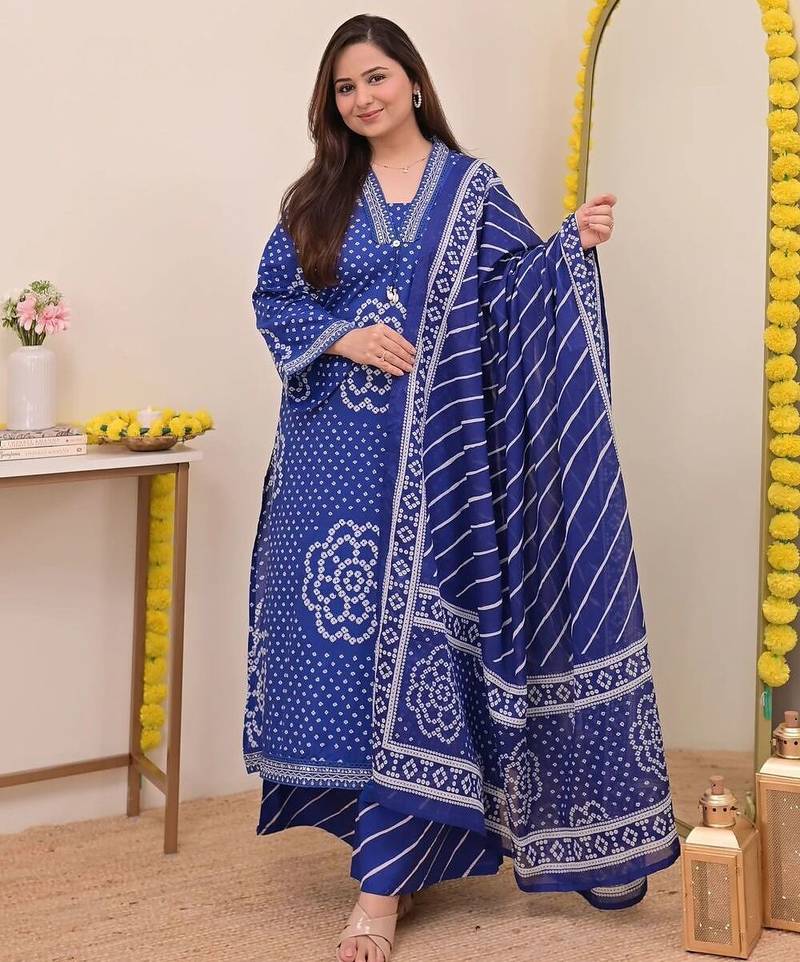 Navy blue printed mirror work cotton stitched straight kurta set with pyjama & dupatta