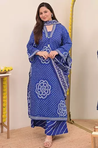 Navy blue printed mirror work cotton stitched straight kurta set with pyjama & dupatta