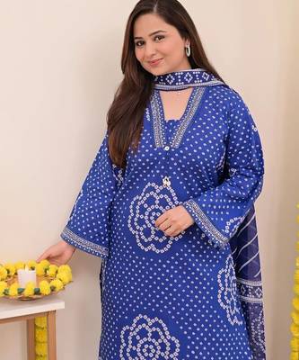Navy blue printed mirror work cotton straight kurta set 3