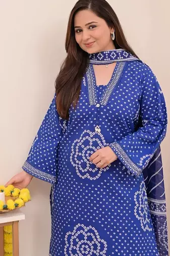 Navy blue printed mirror work cotton stitched straight kurta set with pyjama & dupatta