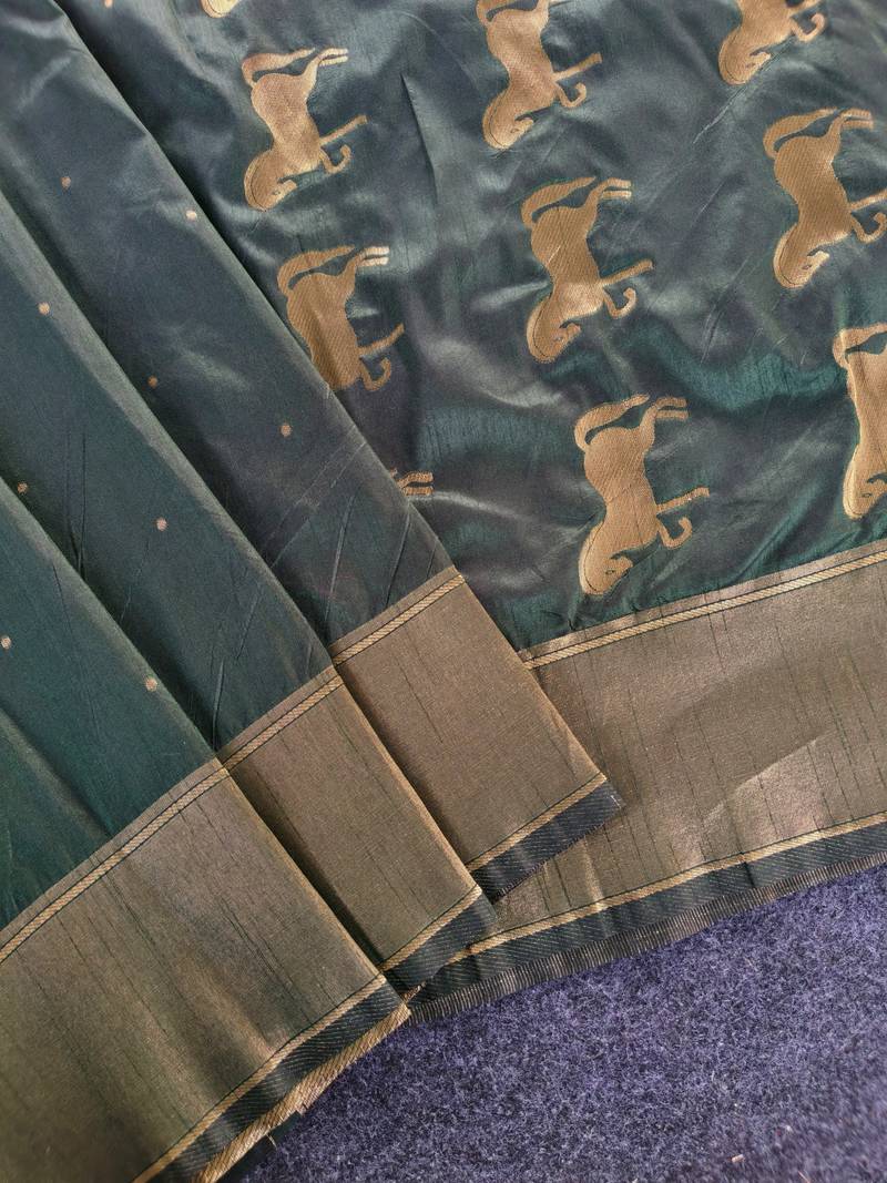 Premium green soft silk saree with golden horse motifs