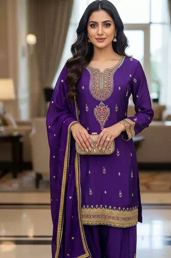 Purple color smart and graceful chinon fabric heavy salwar kameez