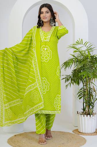 Green printed mirror work cotton straight kurta set
