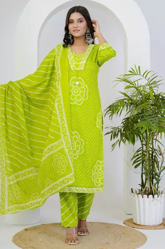 Green printed mirror work cotton stitched straight kurta set with pyjama & dupatta