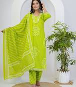 Green printed mirror work cotton stitched straight kurta set with pyjama & dupatta