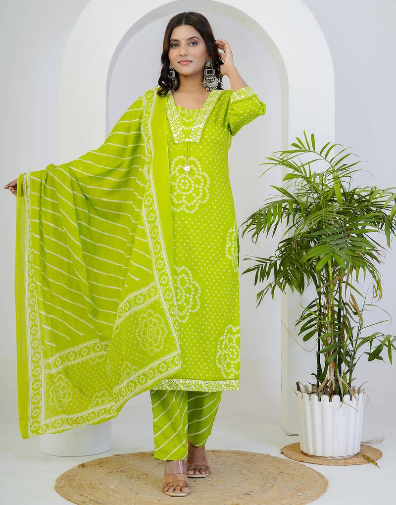 Green printed mirror work cotton stitched straight kurta set with pyjama & dupatta