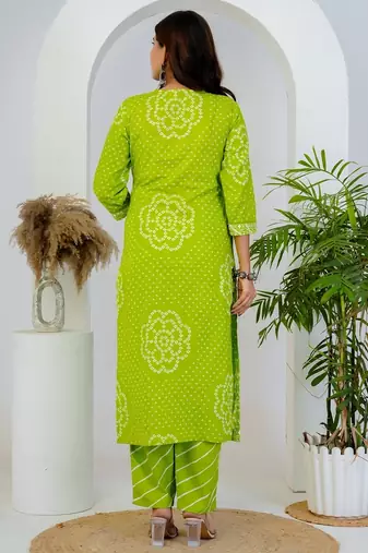 Green printed mirror work cotton stitched straight kurta set with pyjama & dupatta
