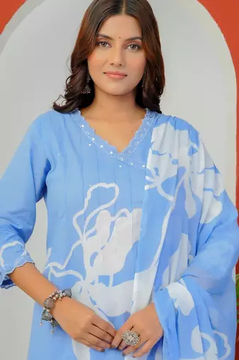 Sky blue floral printed cotton stitched flared kurta set with pyjama & dupatta