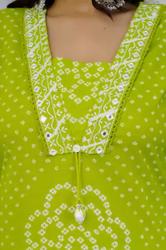 Green printed mirror work cotton stitched straight kurta set with pyjama & dupatta