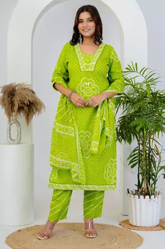 Green printed mirror work cotton stitched straight kurta set with pyjama & dupatta