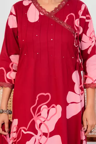Red floral printed cotton stitched flared kurta set with pyjama & dupatta