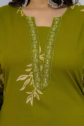 Green floral printed cotton stitched straight kurta set with pyjama & dupatta