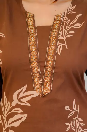 Brown floral printed cotton stitched straight kurta set with pyjama & dupatta