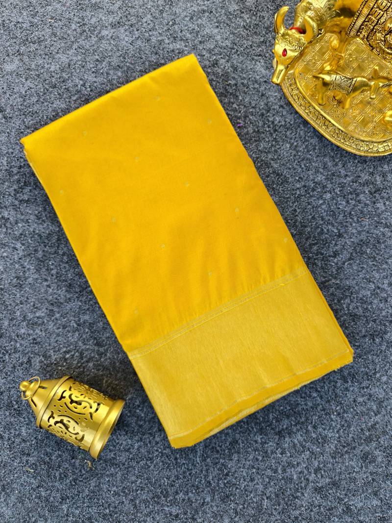 Premium yellow soft silk blend saree with golden horse motifs
