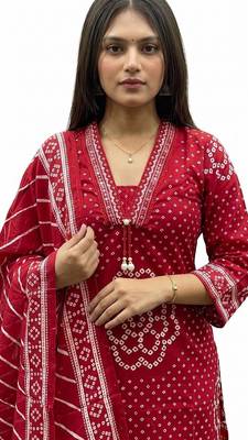 Pink printed mirror work cotton straight kurta set 5