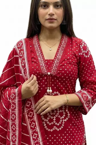 Pink printed mirror work cotton stitched straight kurta set with pyjama & dupatta