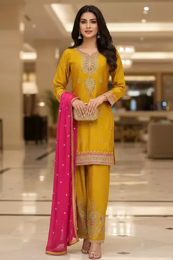 Yellow color smart and graceful chinon fabric heavy salwar kameez