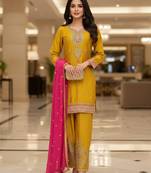 Yellow color smart and graceful chinon fabric heavy salwar kameez