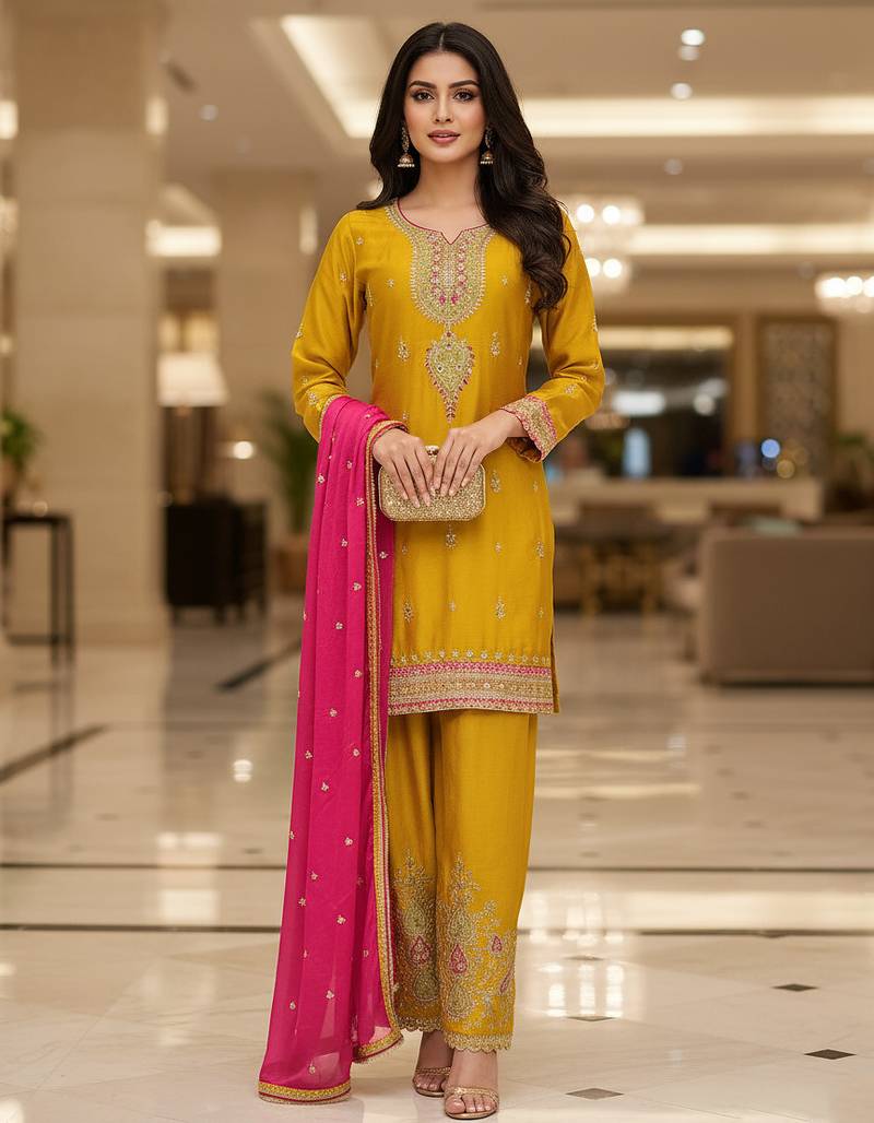 Yellow color smart and graceful chinon fabric heavy salwar kameez
