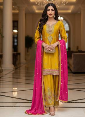 Yellow color smart and graceful chinon fabric heavy salwar kameez 2
