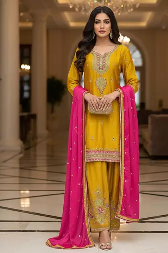 Yellow color smart and graceful chinon fabric heavy salwar kameez