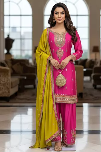 Pink color smart and graceful chinon fabric heavy salwar kameez
