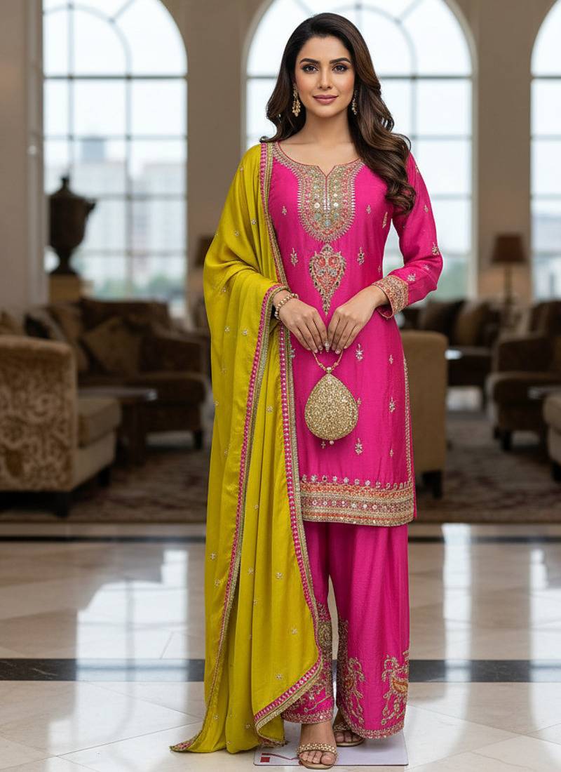 Pink color smart and graceful chinon fabric heavy salwar kameez